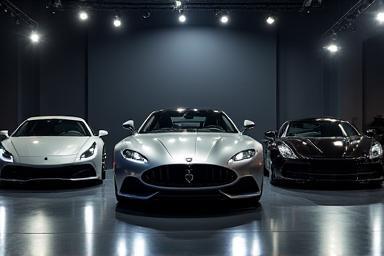 Luxury car showroom with cars under spotlight